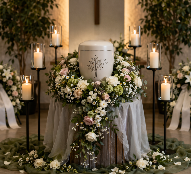 Eine stilvolle Trauerzeremonie mit einer Urne, umgeben von Blumen und Kerzen.